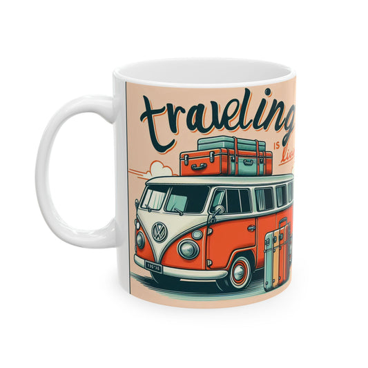 Taza "Traveling is living" – Cerámica Premium