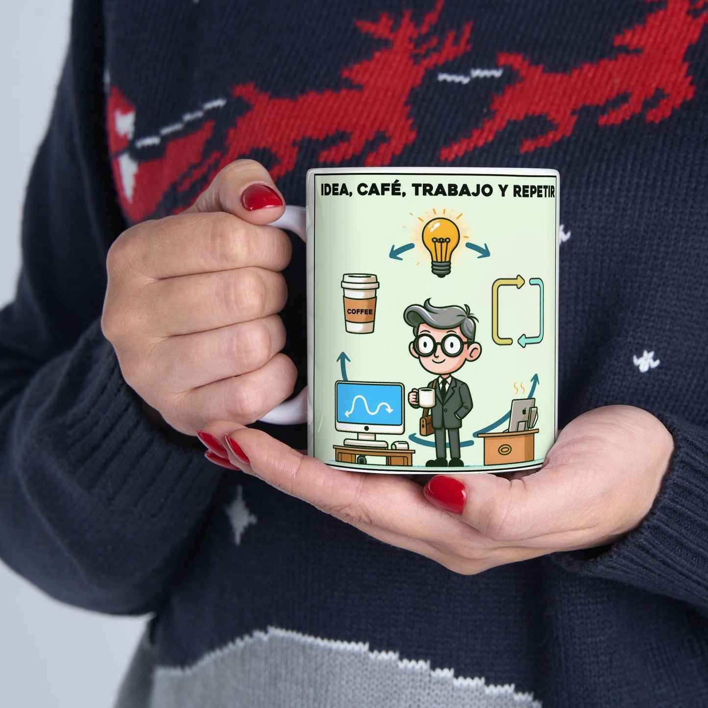 Taza "Idea, Café, Trabajo y Repetir" – Cerámica Premium