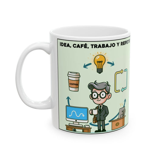 Taza "Idea, Café, Trabajo y Repetir" – Cerámica Premium